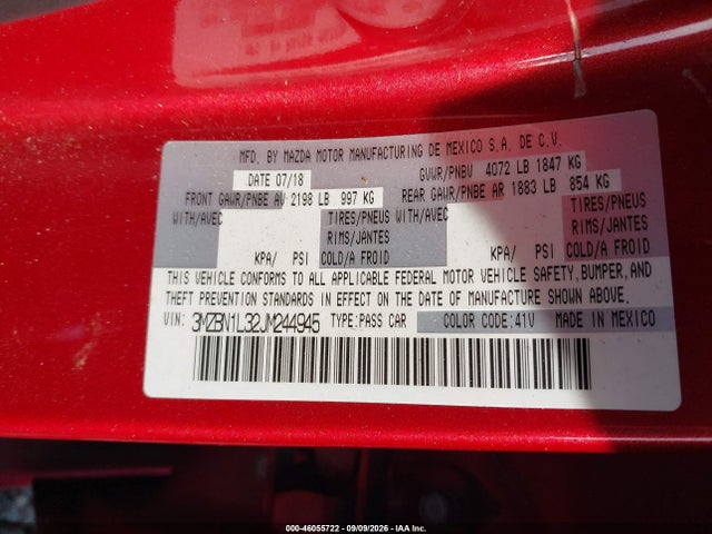 Продажа на аукционе авто 2018 Mazda Mazda3 Touring, vin: 3MZBN1L32JM244945, номер лота: 46055722