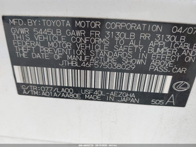Aukcja sprzedaży 2007 Lexus Ls 460, vin: JTHBL46F575038029, numer aukcji: 46055729