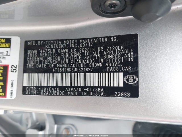 46055737 :رقم المزاد ، 4T1B11HK8JU521622 vin ، 2018 Toyota Camry Se مزاد بيع