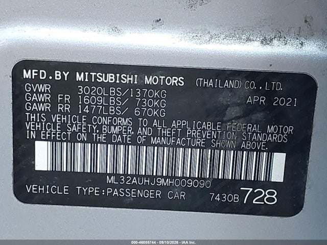 46055744 :رقم المزاد ، ML32AUHJ9MH009090 vin ، 2021 Mitsubishi Mirage Carbonite Edition/es/le مزاد بيع