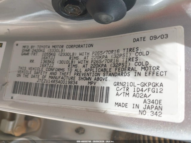 Продаж на аукціоні авто 2004 Toyota 4runner Sr5/sport, vin: JTEZU14R540019834, номер лоту: 46055766