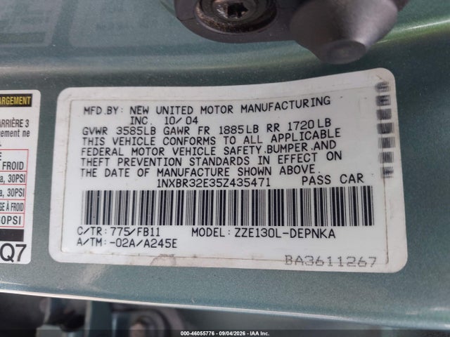 Продажа на аукционе авто 2005 Toyota Corolla Le, vin: 1NXBR32E35Z435471, номер лота: 46055776