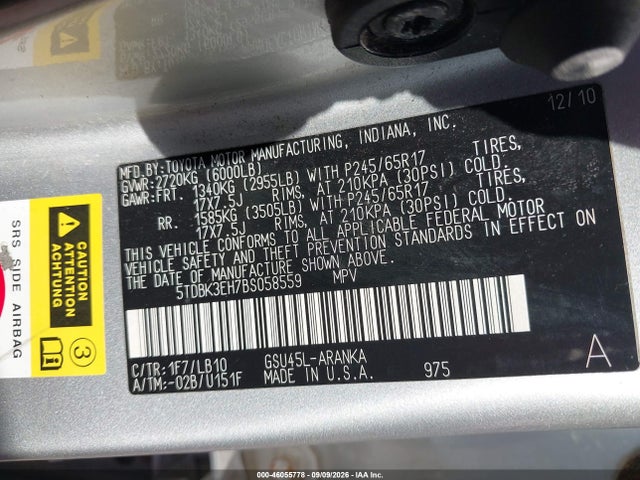 46055778 :رقم المزاد ، 5TDBK3EH7BS058559 vin ، 2011 Toyota Highlander Se V6 مزاد بيع