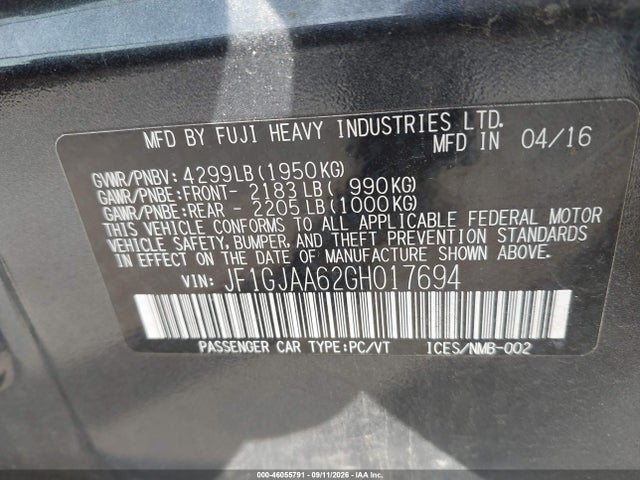 46055791 :رقم المزاد ، JF1GJAA62GH017694 vin ، 2016 Subaru Impreza 2.0i مزاد بيع