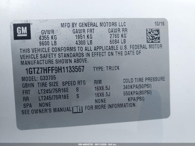 Aukcja sprzedaży 2017 Gmc Savana 3500 Work Van, vin: 1GTZ7HFF9H1133567, numer aukcji: 46055792
