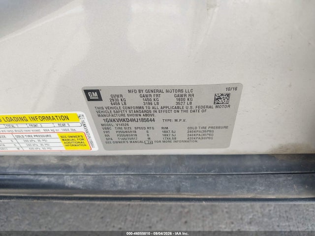 Aukcja sprzedaży 2017 Chevrolet Traverse 2lt, vin: 1GNKVHKD4HJ185644, numer aukcji: 46055810