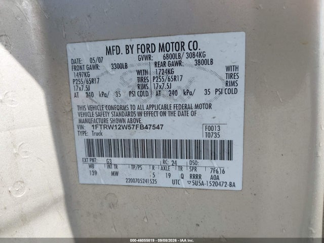 2007 Ford F-150 Xlt მანქანა იყიდება აუქციონზე, vin: 1FTRW12W57FB47547, აუქციონის ნომერი: 46055819
