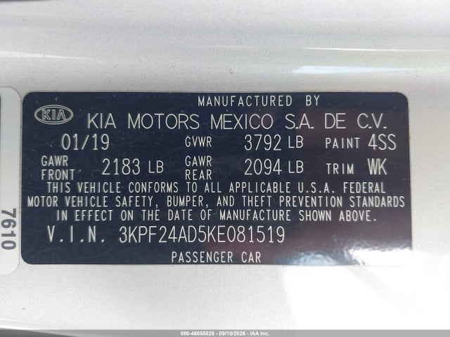 46055828 :رقم المزاد ، 3KPF24AD5KE081519 vin ، 2019 Kia Forte Lxs مزاد بيع