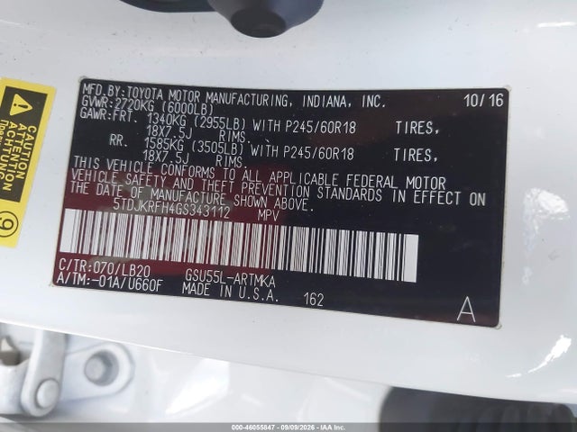 Toyota Highlander Xle V6 2016 5TDJKRFH4GS343112 Image 9