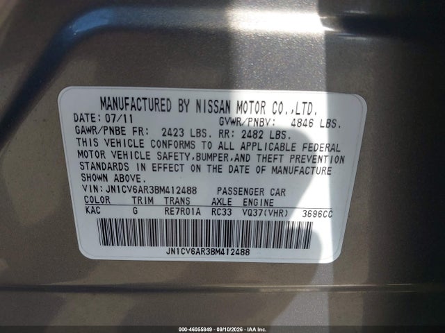 46055849 :رقم المزاد ، JN1CV6AR3BM412488 vin ، 2011 Infiniti G37x مزاد بيع