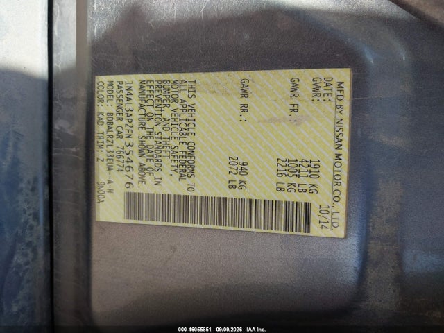 46055851 :رقم المزاد ، 1N4AL3AP2FN354676 vin ، 2015 Nissan Altima 2.5 Sl مزاد بيع