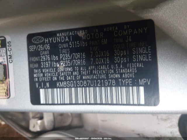 46055857 :رقم المزاد ، KM8SG13D87U121978 vin ، 2007 Hyundai Santa Fe Gls مزاد بيع