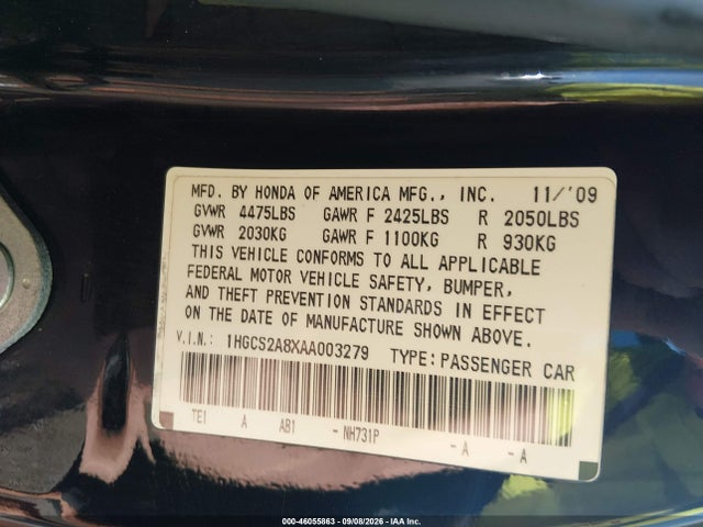 46055863 :رقم المزاد ، 1HGCS2A8XAA003279 vin ، 2010 Honda Accord 3.5 Ex-l مزاد بيع