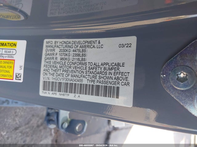 Aukcja sprzedaży 2022 Honda Accord Sport, vin: 1HGCV1F30NA043455, numer aukcji: 46055867