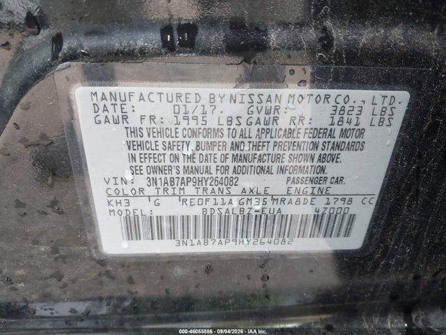 2017 Nissan Sentra S მანქანა იყიდება აუქციონზე, vin: 3N1AB7AP9HY264082, აუქციონის ნომერი: 46055886