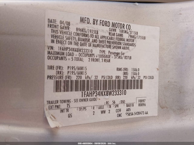 2008 Ford Focus S მანქანა იყიდება აუქციონზე, vin: 1FAHP34NX8W233310, აუქციონის ნომერი: 46055904