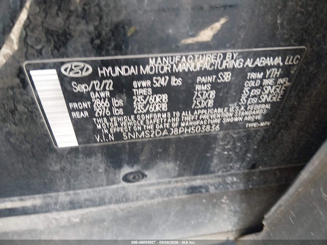 46055907 :رقم المزاد ، 5NMS2DAJ8PH503836 vin ، 2023 Hyundai Santa Fe Sel مزاد بيع
