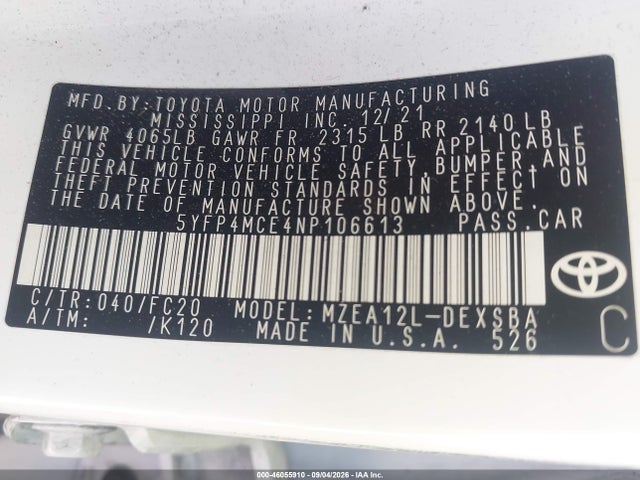 2022 Toyota Corolla Se მანქანა იყიდება აუქციონზე, vin: 5YFP4MCE4NP106613, აუქციონის ნომერი: 46055910