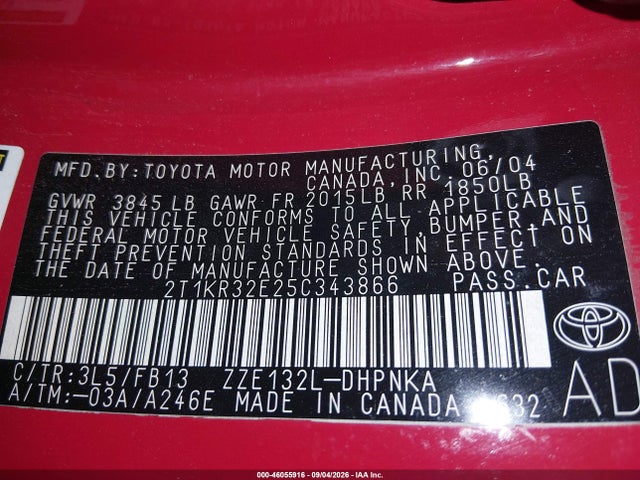 46055916 :رقم المزاد ، 2T1KR32E25C343866 vin ، 2005 Toyota Corolla Matrix Xr مزاد بيع