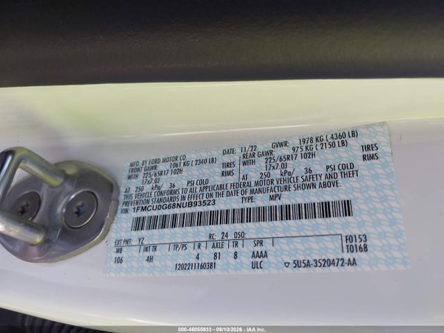 Продаж на аукціоні авто 2022 Ford Escape Se, vin: 1FMCU0G68NUB93523, номер лоту: 46055933