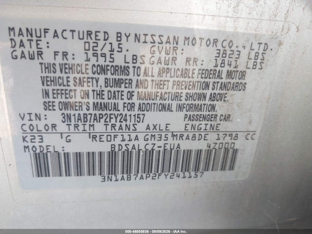 2015 Nissan Sentra Fe+ S/s/sl/sr/sv მანქანა იყიდება აუქციონზე, vin: 3N1AB7AP2FY241157, აუქციონის ნომერი: 46055936