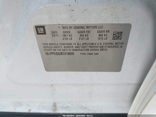 2011 Chevrolet Cruze 1lt მანქანა იყიდება აუქციონზე, vin: 1G1PF5S92B7218899, აუქციონის ნომერი: 46055945