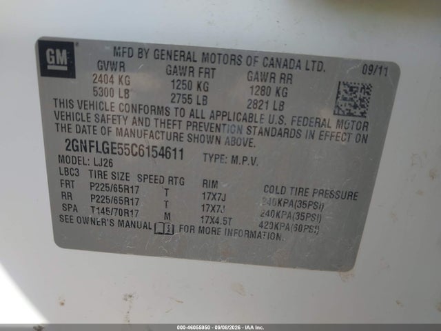 46055950 :رقم المزاد ، 2GNFLGE55C6154611 vin ، 2012 Chevrolet Equinox Ltz مزاد بيع
