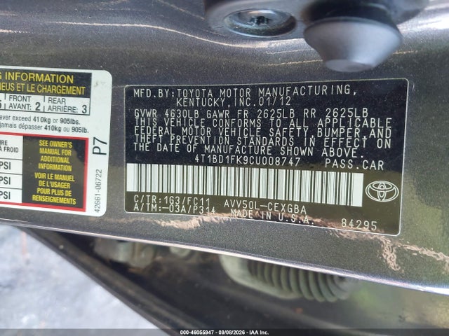 Aukcja sprzedaży 2012 Toyota Camry Hybrid Xle, vin: 4T1BD1FK9CU008747, numer aukcji: 46055947