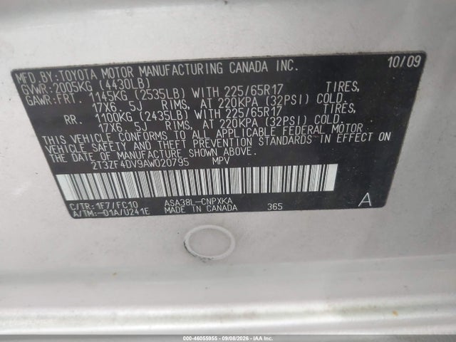 46055955 :رقم المزاد ، 2T3ZF4DV9AW020795 vin ، 2010 Toyota Rav4 مزاد بيع