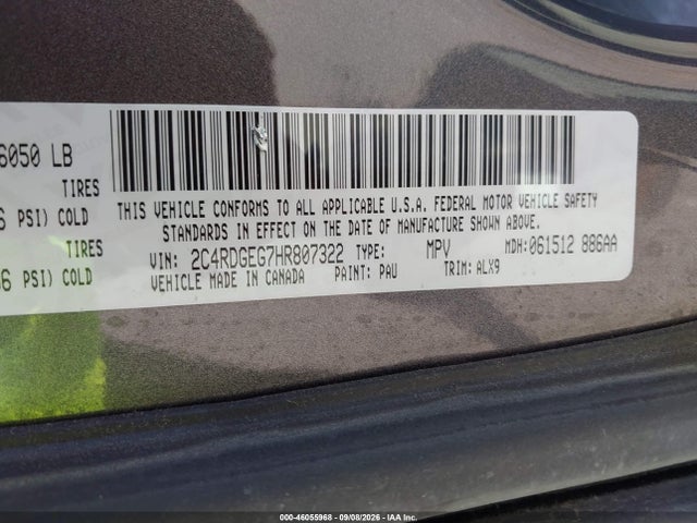 Aukcja sprzedaży 2017 Dodge Grand Caravan Gt, vin: 2C4RDGEG7HR807322, numer aukcji: 46055968