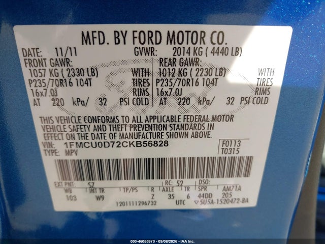 Aukcja sprzedaży 2012 Ford Escape Xlt, vin: 1FMCU0D72CKB56828, numer aukcji: 46055970