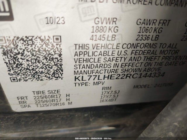 Продажа на аукционе авто 2024 Chevrolet Trax Fwd Lt, vin: KL77LHE22RC144334, номер лота: 46055975