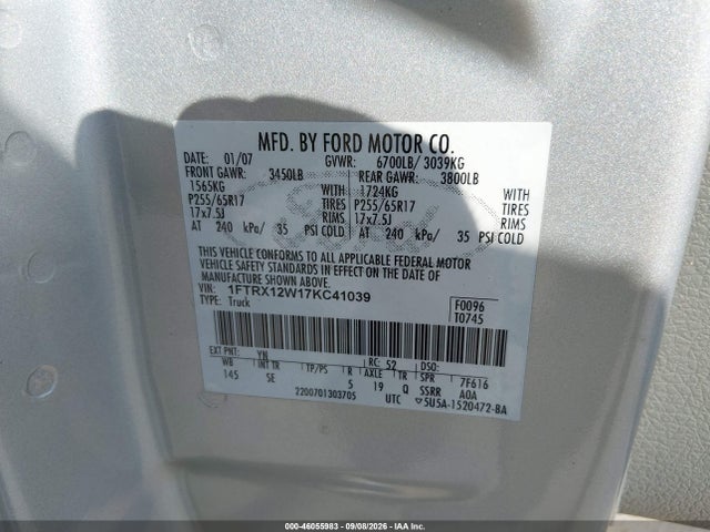 Aukcja sprzedaży 2007 Ford F-150 Stx/xl/xlt, vin: 1FTRX12W17KC41039, numer aukcji: 46055983