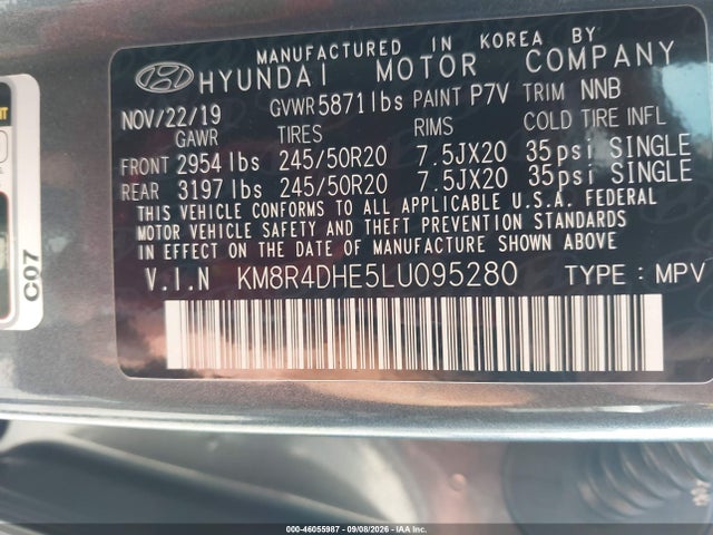 Aukcja sprzedaży 2020 Hyundai Palisade Sel, vin: KM8R4DHE5LU095280, numer aukcji: 46055987