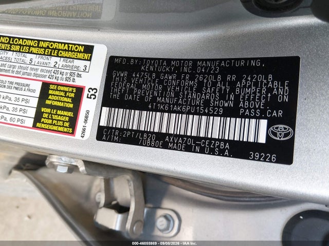 2023 Toyota Camry Xse მანქანა იყიდება აუქციონზე, vin: 4T1K61AK6PU154529, აუქციონის ნომერი: 46055989