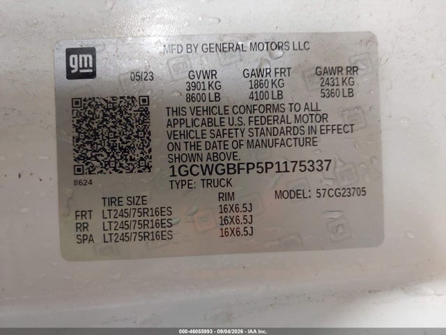 46055993 :رقم المزاد ، 1GCWGBFP5P1175337 vin ، 2023 Chevrolet Express Cargo Rwd 2500 Extended Wheelbase Wt مزاد بيع