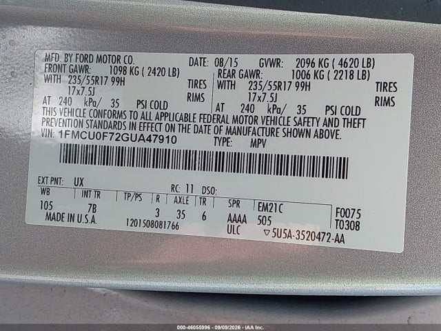 Auction sale of the 2016 Ford Escape S, vin: 1FMCU0F72GUA47910, lot number: 46055996