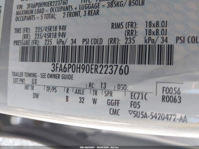 46055997 :رقم المزاد ، 3FA6P0H90ER223760 vin ، 2014 Ford Fusion Se مزاد بيع