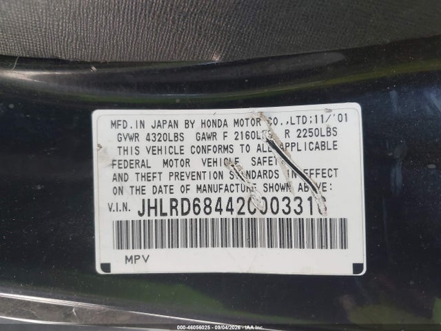 46056025 :رقم المزاد ، JHLRD68442C003316 vin ، 2002 Honda Cr-v Lx مزاد بيع