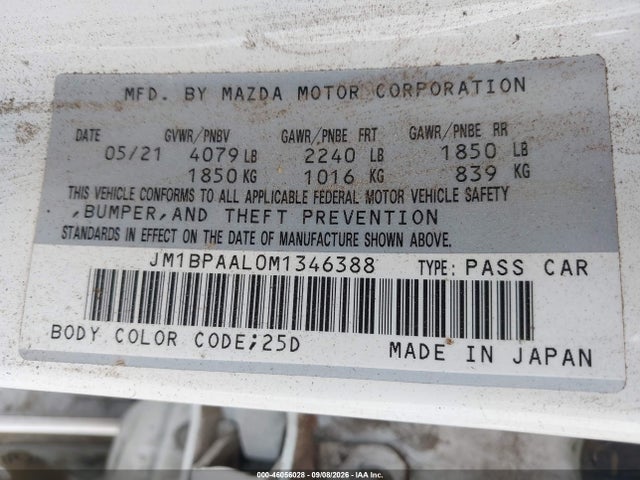 Продаж на аукціоні авто 2021 Mazda Mazda3 2.5 S, vin: JM1BPAAL0M1346388, номер лоту: 46056028