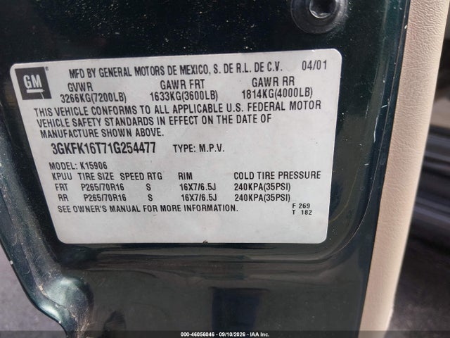 2001 Gmc Yukon Xl 1500 Slt მანქანა იყიდება აუქციონზე, vin: 3GKFK16T71G254477, აუქციონის ნომერი: 46056046