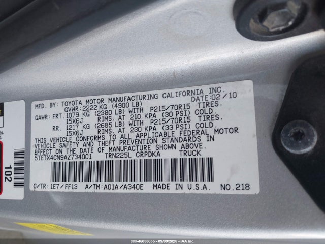 2010 Toyota Tacoma მანქანა იყიდება აუქციონზე, vin: 5TETX4CN9AZ734001, აუქციონის ნომერი: 46056055