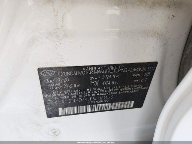 Aukcja sprzedaży 2020 Hyundai Elantra Se, vin: 5NPD74LF5LH611170, numer aukcji: 46056059