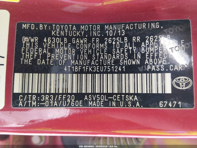 46056060 :رقم المزاد ، 4T1BF1FK3EU751241 vin ، 2014 Toyota Camry Se مزاد بيع