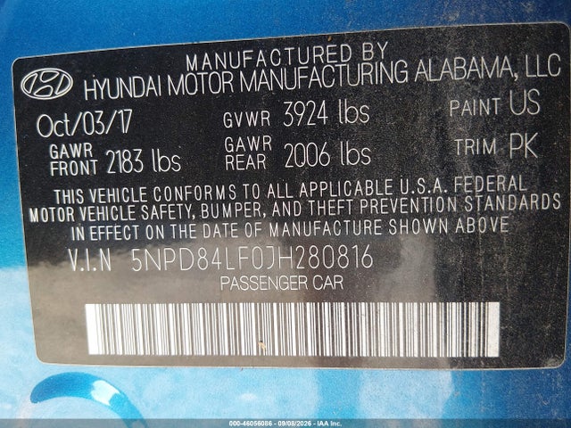 46056086 :رقم المزاد ، 5NPD84LF0JH280816 vin ، 2018 Hyundai Elantra Sel مزاد بيع