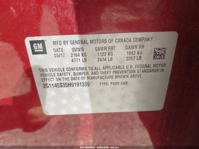 46056092 :رقم المزاد ، 2G1145S35H9191339 vin ، 2017 Chevrolet Impala 2lz مزاد بيع