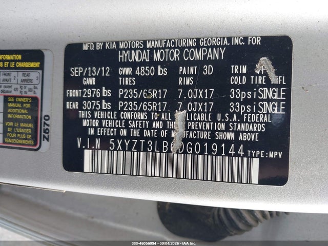 Aukcja sprzedaży 2013 Hyundai Santa Fe Sport, vin: 5XYZT3LB0DG019144, numer aukcji: 46056094
