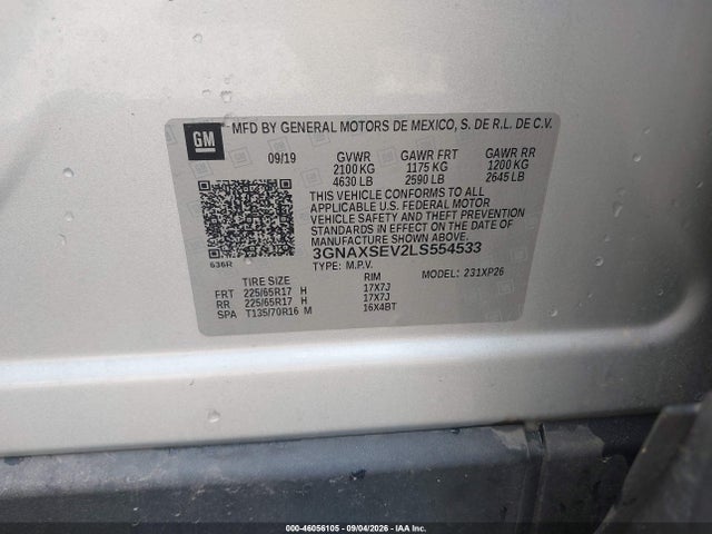 Aukcja sprzedaży 2020 Chevrolet Equinox Awd Ls, vin: 3GNAXSEV2LS554533, numer aukcji: 46056105