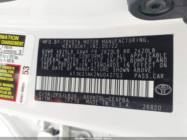 2022 Toyota Camry Xse Hybrid მანქანა იყიდება აუქციონზე, vin: 4T1K31AK2NU042753, აუქციონის ნომერი: 46056110