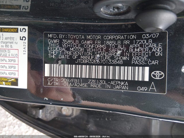 Aukcja sprzedaży 2007 Toyota Corolla Le, vin: JTDBR32E670133848, numer aukcji: 46056124